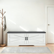 Load image into Gallery viewer, 2 Tier Shoe Bench With Padded Seat, 2 Barn Doors And Adjustable Shelves, For Entryway And Living Room - White
