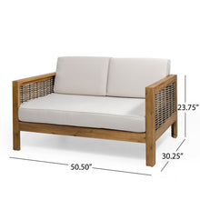 Load image into Gallery viewer, Outdoor 4 Seater Acacia Wood Chat Set With Wicker Accents And Cushions - Teak / Mixed Brown / Beige