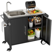 Load image into Gallery viewer, Outdoor Grill Table With Sink, Grill Cart With Sink And Cabinet With Wheels - Black / Silver