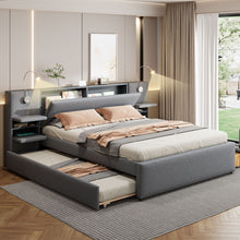 Load image into Gallery viewer, Upholstered Platform Bed With Reading Lights, Drawers, Trundle And Shelves