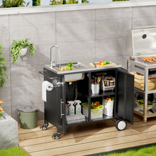 Load image into Gallery viewer, Outdoor Grill Table With Sink, Grill Cart With Sink And Cabinet With Wheels - Black / Silver