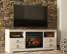 Load image into Gallery viewer, Willowton - 2 Pc. - 64" TV Stand With Faux Firebrick Fireplace Insert - Whitewash