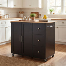 Load image into Gallery viewer, Mobile Kitchen Cart With Storage With 2 Doors, 3 Drawers & Adjustable Shelf - Black / Natural