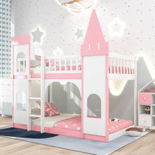 Load image into Gallery viewer, Twin Over Twin Castle Bunk Bed With Ladder - Pink