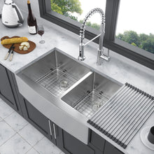 Load image into Gallery viewer, Double Bowl Sink 60 / 40 Split Apron Front Kitchen Sink In 16 Gauge With 2 10" Deep Basins 33" X21" X10" - Brushed Nickel