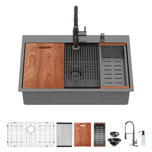 Load image into Gallery viewer, Drop In Kitchen Sink With Pull Out Faucet And Soap Dispenser, Single Bowl Topmount Sink - Gunmetal Black