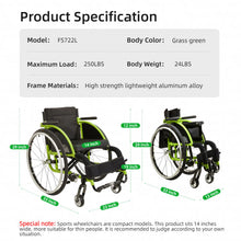 Load image into Gallery viewer, Premium Lightweight Foldable Sport Wheelchair All Body Sturdy & Comfortable 250Lbs Capacity Easy Folding 24" Sports Tires Perfect For Outdoor - Black / Green