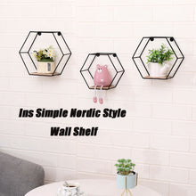 Load image into Gallery viewer, Wall Mounted Hexagonal Floating Shelves - Black (Set of 3) In Different Sizes, Modern Metal Wall Shelf, Simple Wood Partition Storage Shelves, Wall Decor Rack - Natural Wood