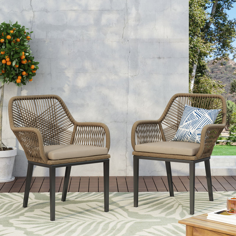 Modern Wicker Dining Club Chair With Water Resistant Cushions - Brown / Beige