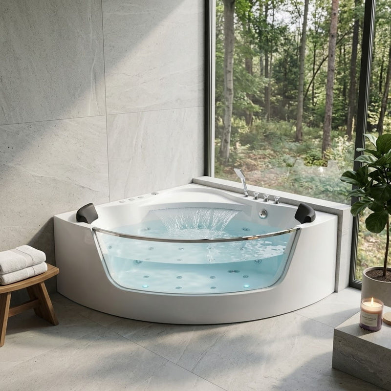 Revive - Massage Bathtub With 1.5 Hp Whirlpool Massage, Hidden Waterfall, LED Bubble Jets And Glass Accent - White