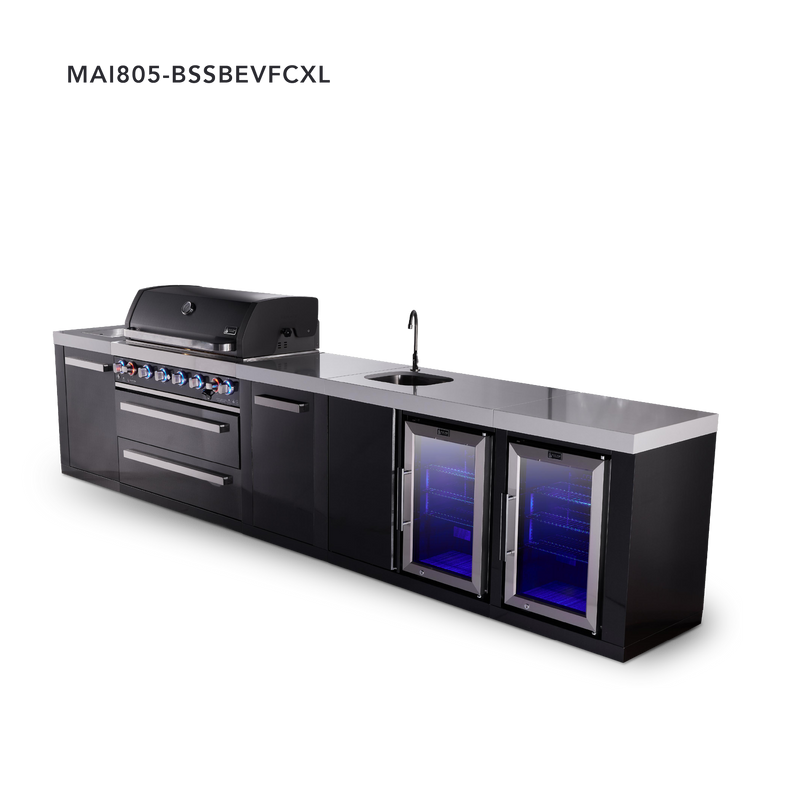 Mont Alpi 6-Burner Black Stainless Island w/Beverage Center, Fridge & Extra Storage Cabinet
