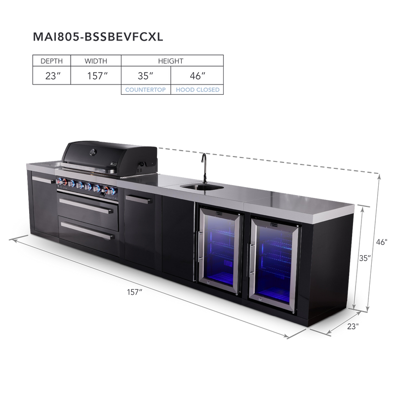 Mont Alpi 6-Burner Black Stainless Island w/Beverage Center, Fridge & Extra Storage Cabinet