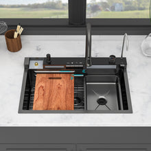 Load image into Gallery viewer, 30" Whale Digital Waterfall Sink With LED Display, 16 Gauge Single Bowl Ledge Workstation - Gunmetal Black
