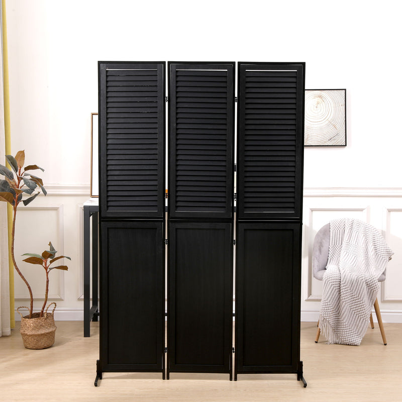 Rustic 3 Panel Room Divider 6Ft Wood Folding Privacy Screen With Metal Frame And Louver Design - Black