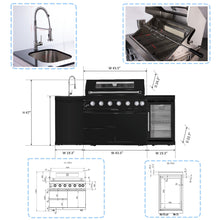 Load image into Gallery viewer, 6 Burner 85, 000 Btu Outdoor Kitchen Island Grill With Wine Cooler Refrigerator, Rotisserie Kit, Granite Countertops &amp; Sink - Black
