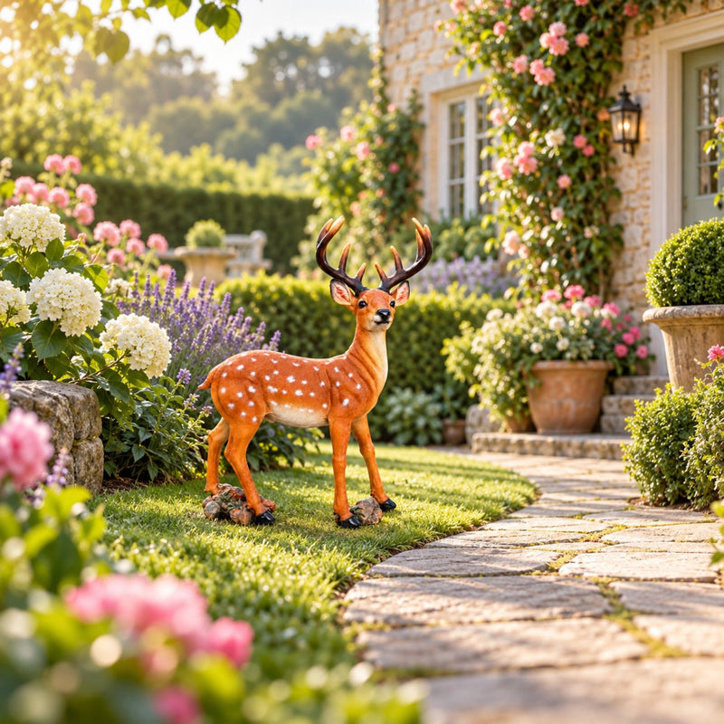 Lifelike Deer Statue With Detachable Antlers, Outdoor Garden Decor - Brown / Yellow