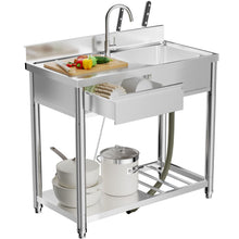 Load image into Gallery viewer, Outdoor Utility Sink With Workbench &amp; Storage Shelf, Freestanding Prep Table With Left Drawer, Garden Patio Sink Station With 360° Hot &amp; Cold Water Faucet - Silver
