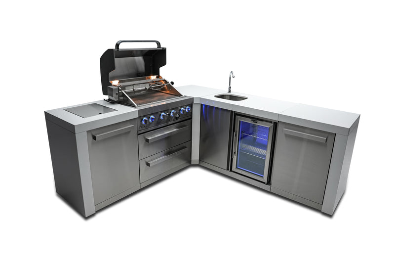 MONT ALPI 4-BURNER DELUXE ISLAND WITH A 90-DEGREE CORNER AND BEVERAGE CENTERMAi400-D90BEV-
