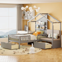 Load image into Gallery viewer, House Bed With Upholstered Sofa, Wireless Charging Station, Shelves And 2 Drawers
