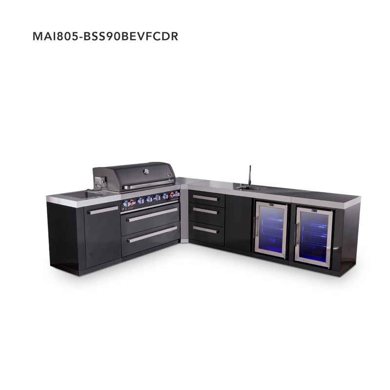 Mont Alpi 6-Burner Black Stainless Island w/90 Degree Corner, Beverage Center, Fridge & Extra Storage Drawers