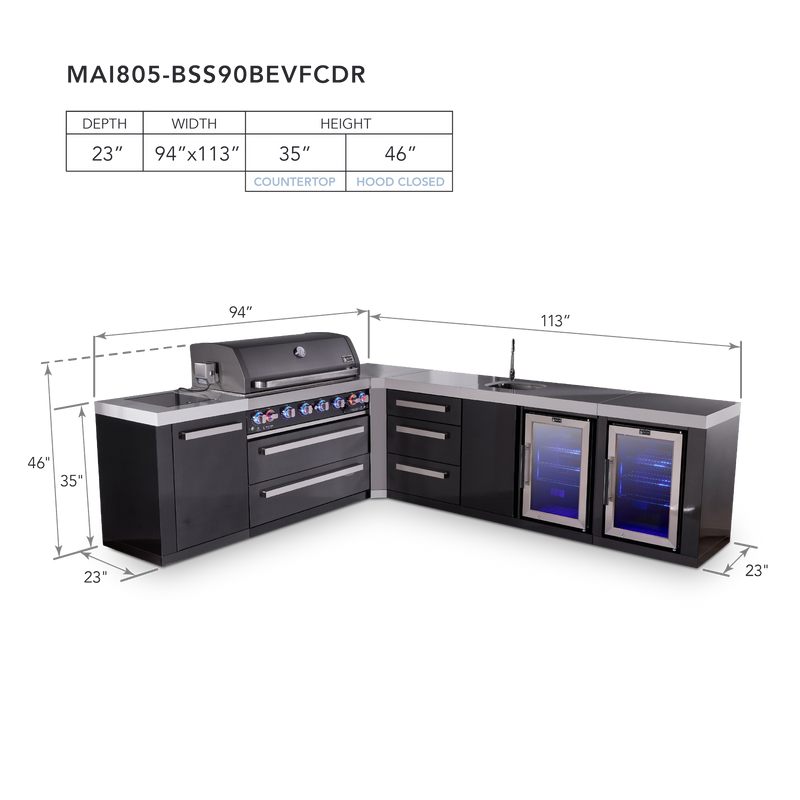 Mont Alpi 6-Burner Black Stainless Island w/90 Degree Corner, Beverage Center, Fridge & Extra Storage Drawers
