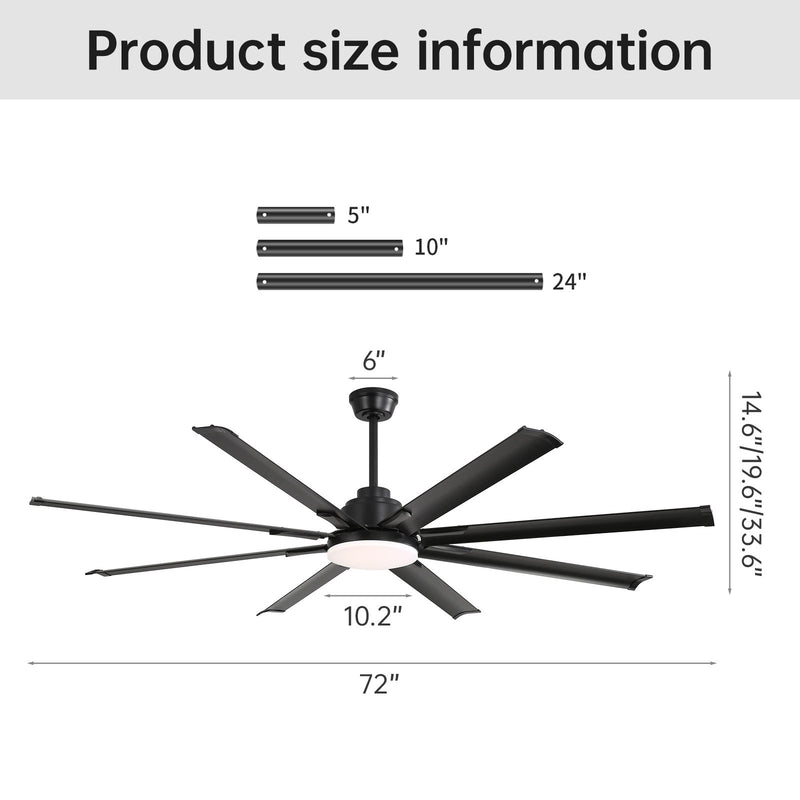 72" Large Design Ceiling Fan With Smart Remote Control, 6 Wind Speed DC Motor For Living Room - Black