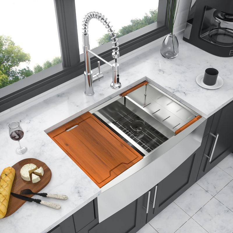 Farmhouse Double Bowl Workstation Kitchen Sink 33" Stainless Steel 16 Gauge Apron Front, Finish - Brushed Nickel