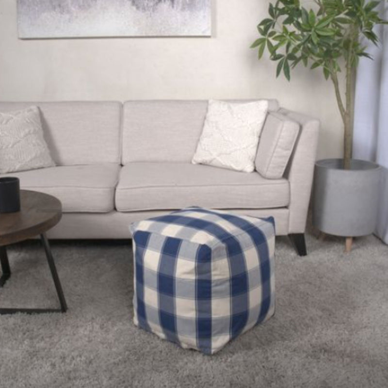 Connor - Checkered Square Pouf Ottoman And Floor Cushion - Ivory / Navy