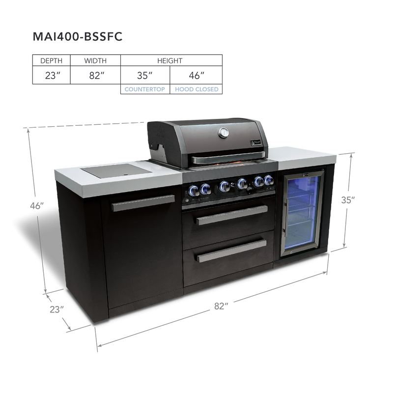 Mont Alpi 4-Burner Black Stainless Steel Island w/Fridge Cabinet