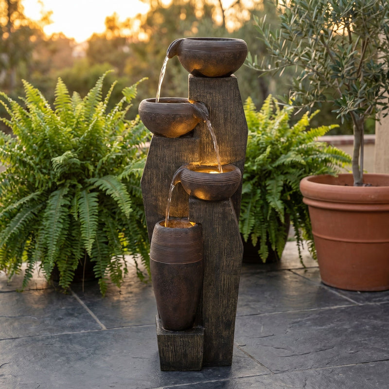 Outdoor Water Fountain, 4 Tier Cascading Bowl With Warm LED Lights For Patio - Brown / Tan
