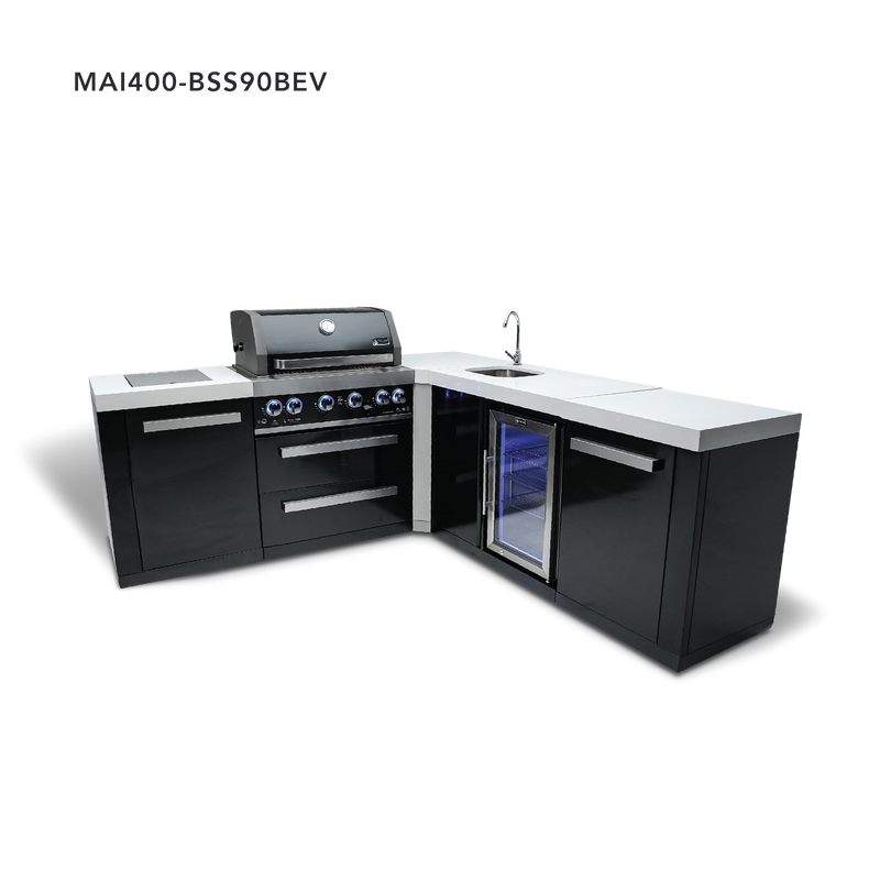 Mont Alpi 4-Burner Black Stainless Steel Island w/90 Degree Corner and Beverage Center