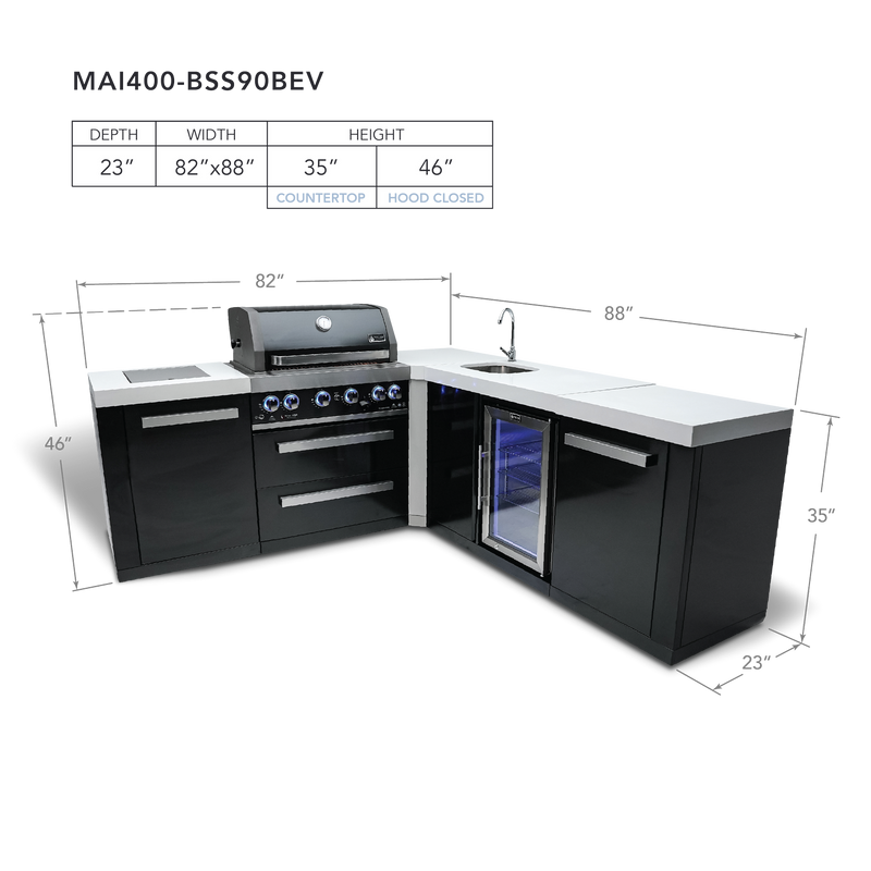 Mont Alpi 4-Burner Black Stainless Steel Island w/90 Degree Corner and Beverage Center