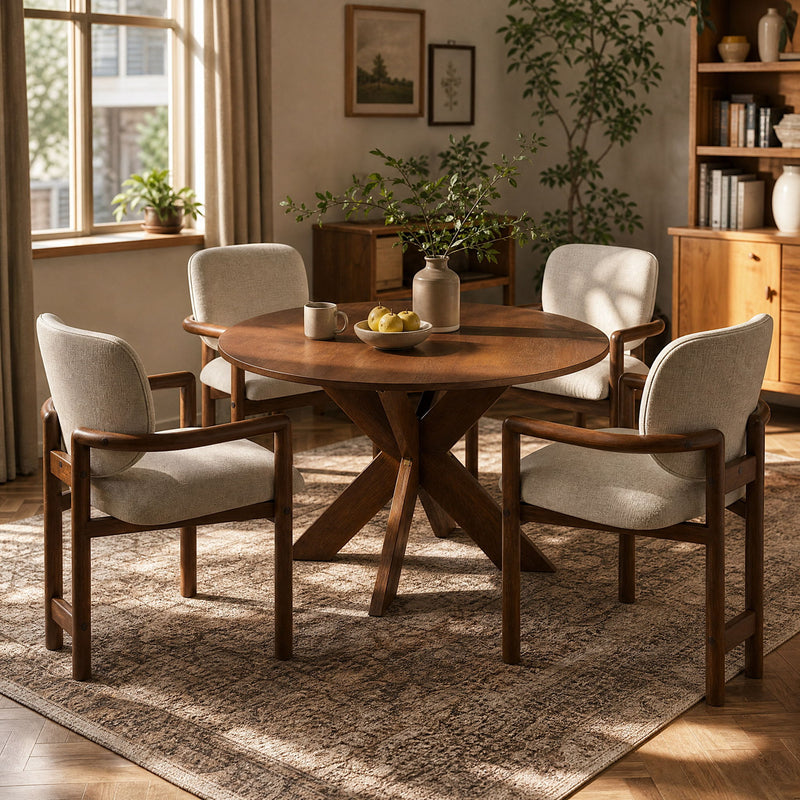 5 Piece Indoor Dining Set, Round Table & 4 Brown Arm Chairs - Beige / Brown / Cherry