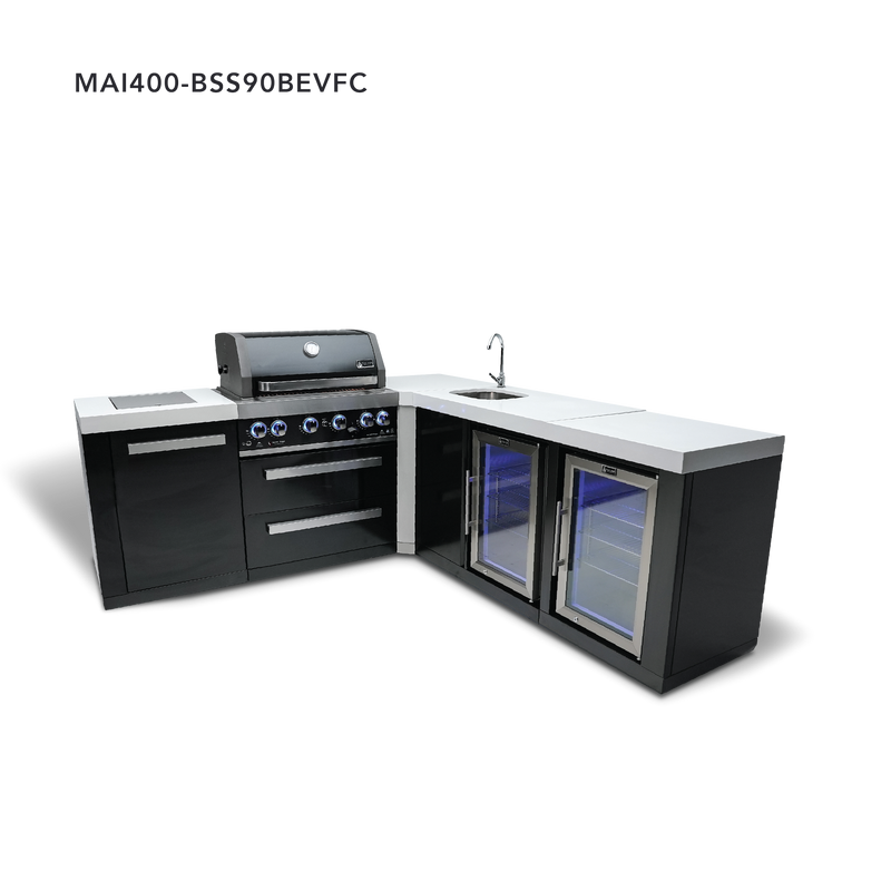 Mont Alpi 4-Burner Black Stainless Steel w/90 Degree Corner, Beverage Ctr and Fridge Cabinet