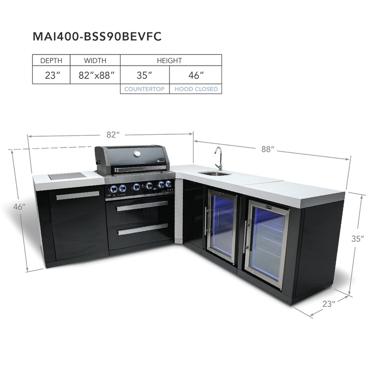 Mont Alpi 4-Burner Black Stainless Steel w/90 Degree Corner, Beverage Ctr and Fridge Cabinet