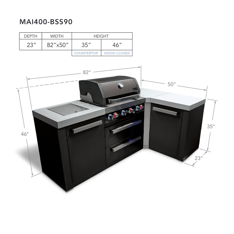 Mont Alpi 4 Burner Black Stainless Steel Island w/90 Degree Corner