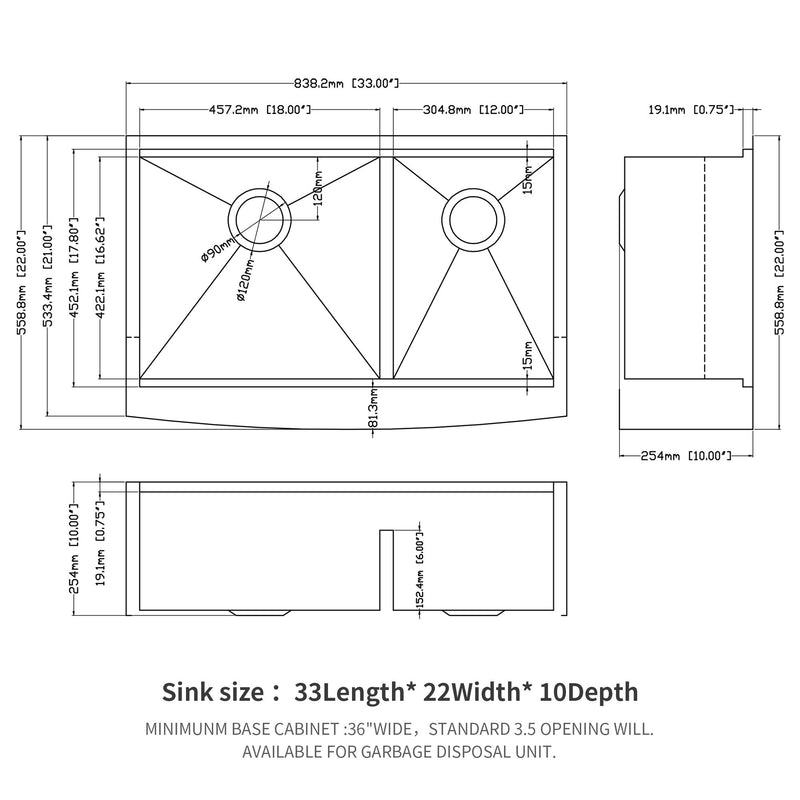 Double Bowl Farmhouse Sink Workstation 33" Stainless Steel 16 Gauge Apron Front - Brushed Nickel