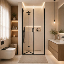Load image into Gallery viewer, Semi Frameless Bifold Shower Door, Reversible Pivot Hinge, Space Saving Bathroom Panel - Matte Black
