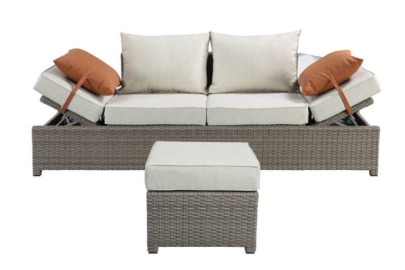 Salena - All Weather Wicker Patio Sofa & Ottoman With 2 Toss Pillows - Gray / Beige
