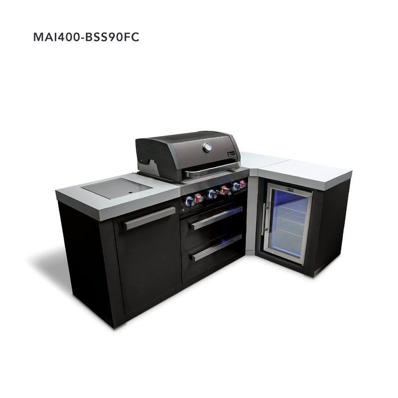 Mont Alpi 4-Burner Black Stainless Steel Island w/90 Degree Corner and Fridge Cabinet