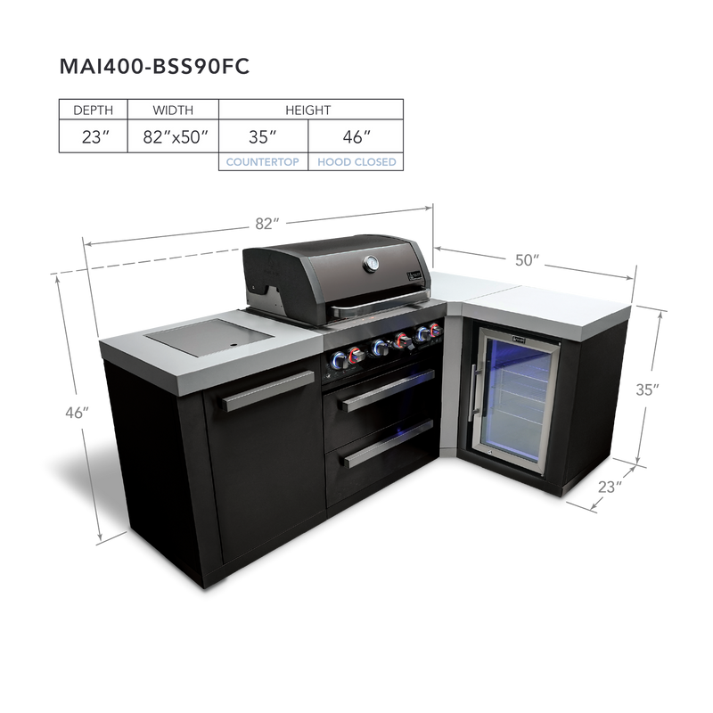 Mont Alpi 4-Burner Black Stainless Steel Island w/90 Degree Corner and Fridge Cabinet