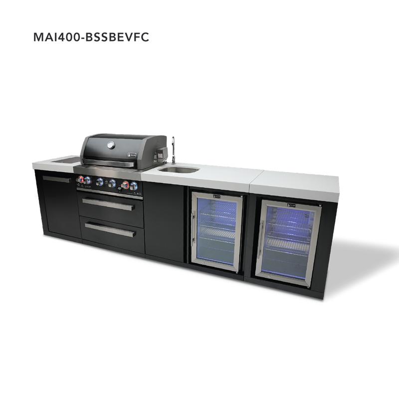 Mont Alpi 4-Burner Black Stainless Steel Island w/Beverage Center and Fridge Cabinet