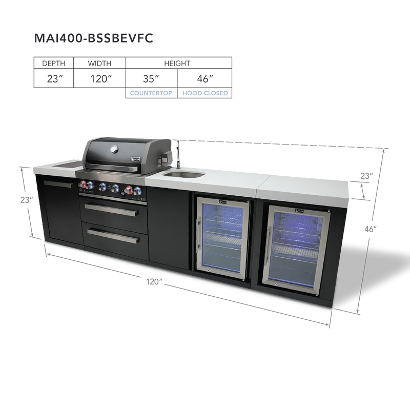 Mont Alpi 4-Burner Black Stainless Steel Island w/Beverage Center and Fridge Cabinet