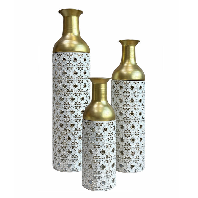 Handcrafted Cutout Hollow Tall Standing Floor Vase, Home Decor (Set of 3) - White / Gold