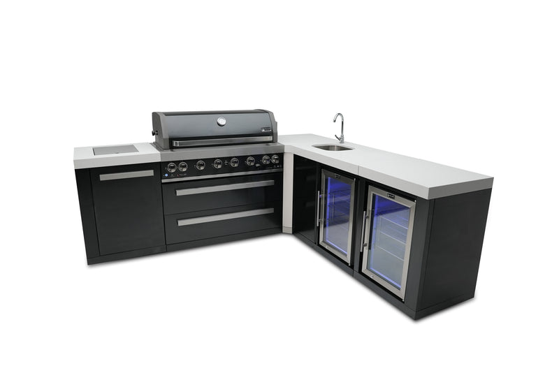MONT ALPI 805 BLACK STAINLESS STEEL ISLAND WITH A 90-DEGREE CORNER, BEVERAGE CENTER AND FRIDGE CABINET-MAi805-BSS90BEVFC