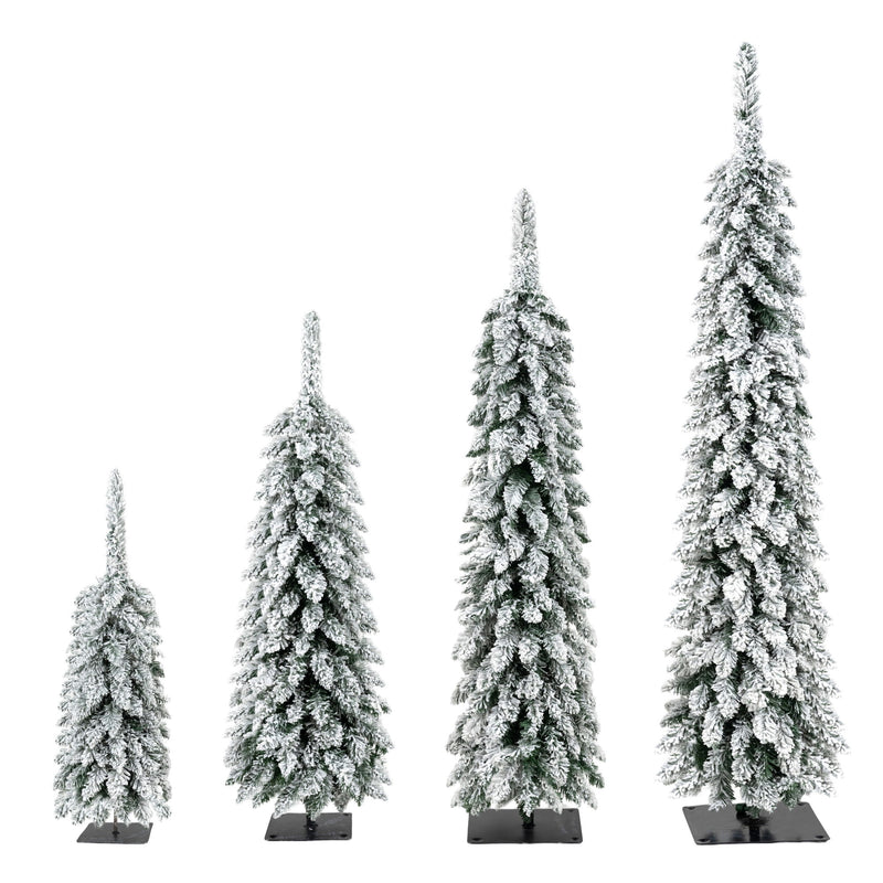 4 Pack Slim Pencil Christmas Trees With Snow Tips, Warm LED Lights, For Indoor Use - Green