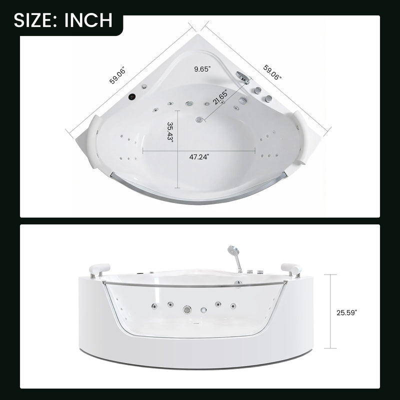 Korra - 2 Person Acrylic Corner Whirlpool Bathtub With Hydro Massage, Rainbow Light, Heater - Milk White
