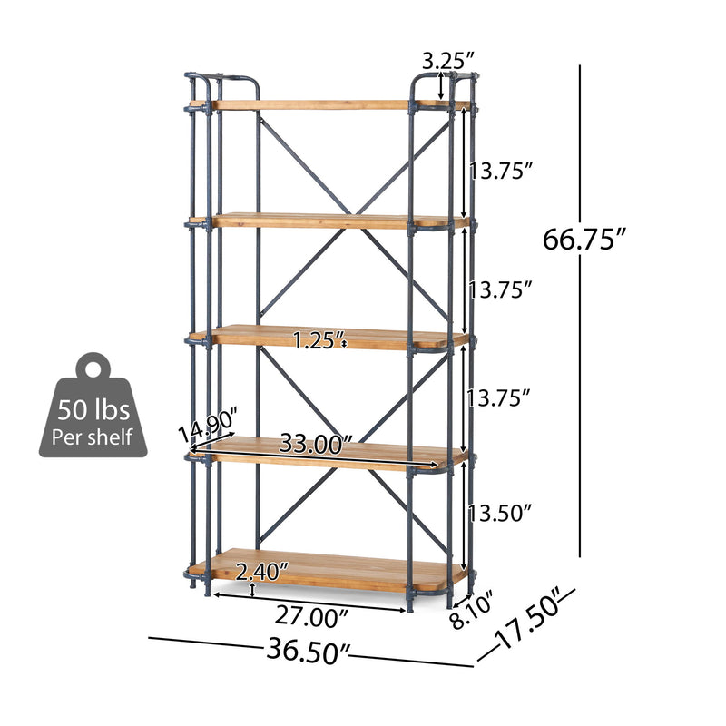 Yorktown - Industrial 5 Shelf Bookcase With Metal Pipework And Solid Fir - Natural