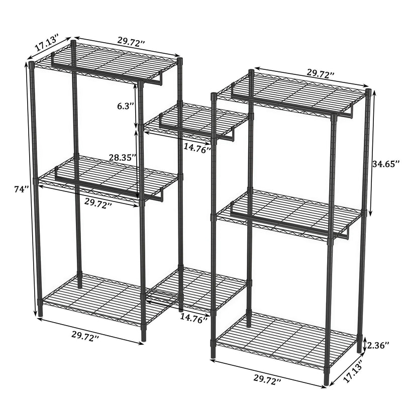Heavy Duty Garment Rack With 8 Adjustable Wire Shelves And 5 Clothes Rails, Freestanding Closet Organizer Metal - Black