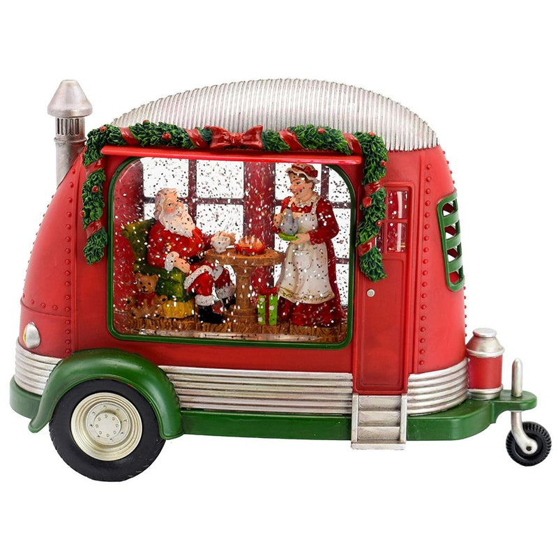 Christmas Plastic / Resin Camper With Mr & Mrs Santa Tea Time LED / Water Spinning / 2 Way Switch, 3*AA Required - Red